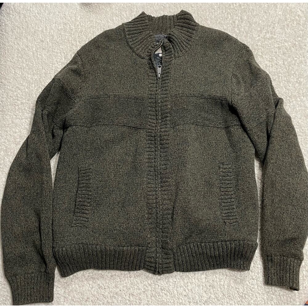 Boston Traders Sweater Sherpa Lined Cable Knit Full Zip Men's Large Olive Green